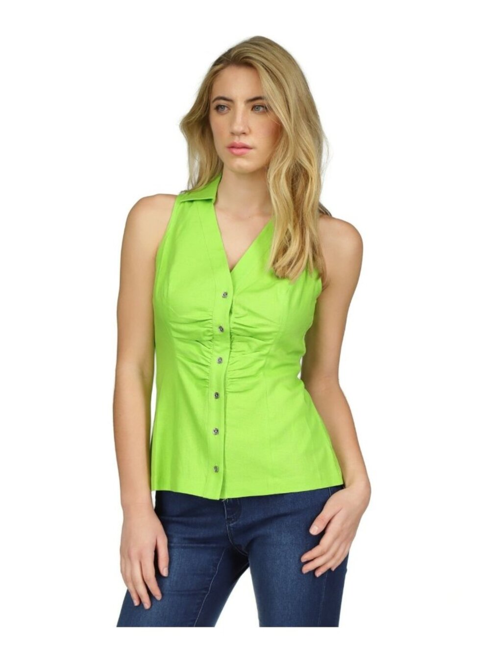 Michael Kors Womens Petite Linen Button Down Blouse Top Green Size PM NWT